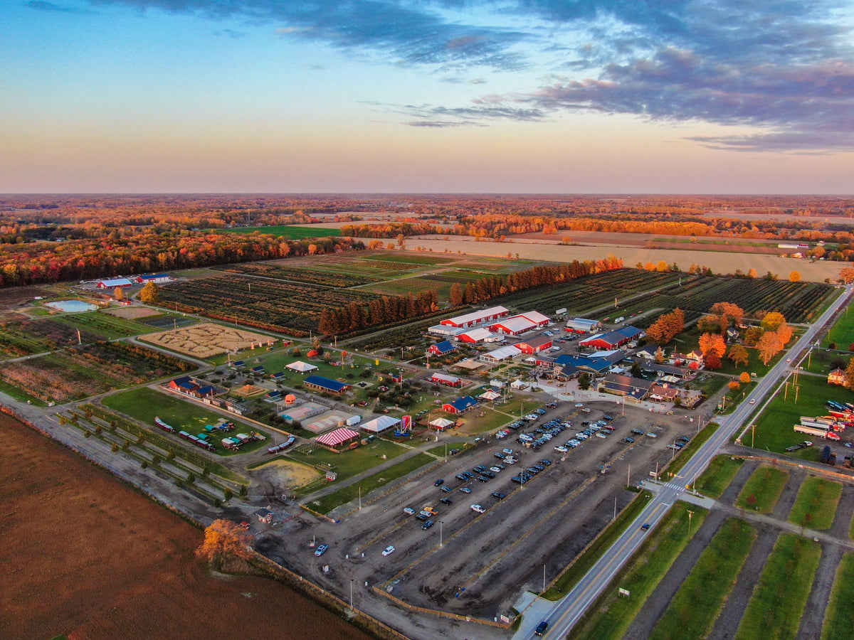 Aerial view of the Blake family farm and orchard in Armada, Michigan, in autumn